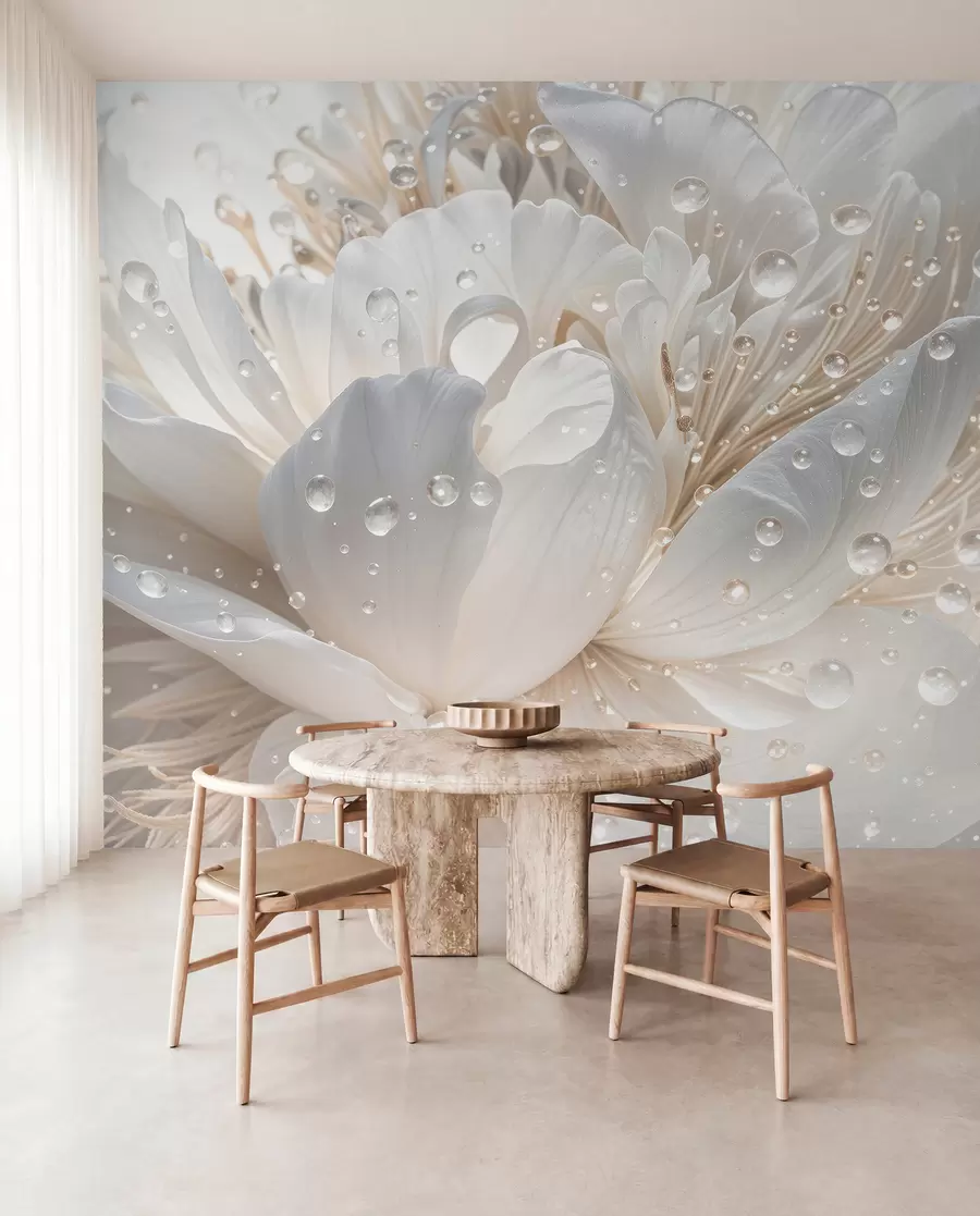wall murals A close-up of a white peony flower with delicate petals and water droplets w08262