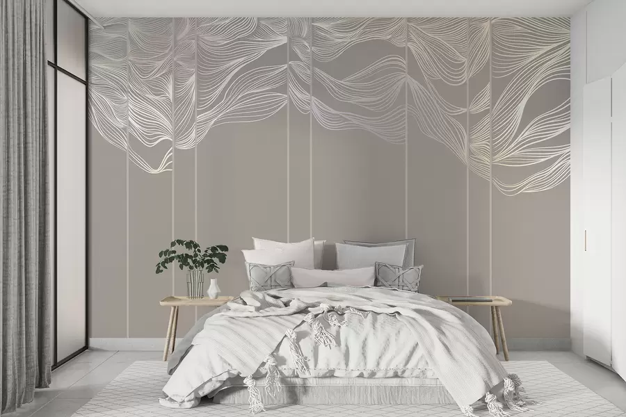 murales Ondas abstractas de líneas blancas sobre fondo marrón claro w08263