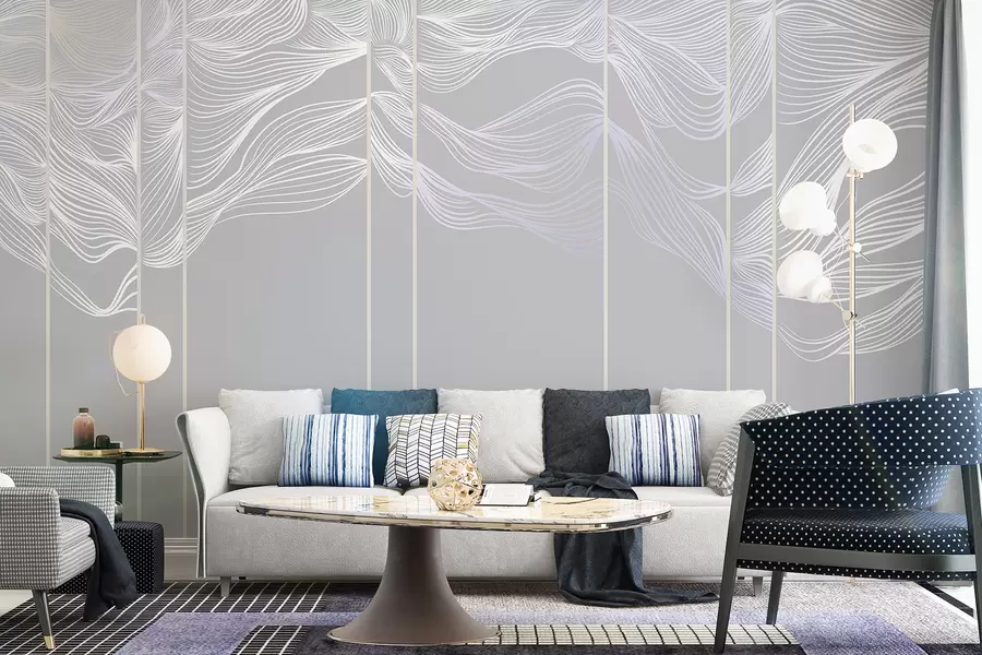 murales Ondas abstractas de líneas blancas sobre fondo gris claro w08263v1