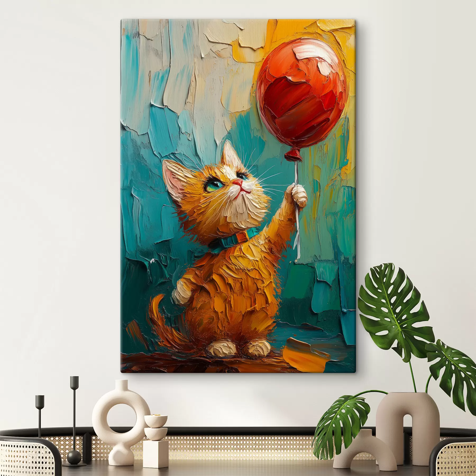 wall murals Red cat holds a balloon in his hands, imitation of an oil painting s40649