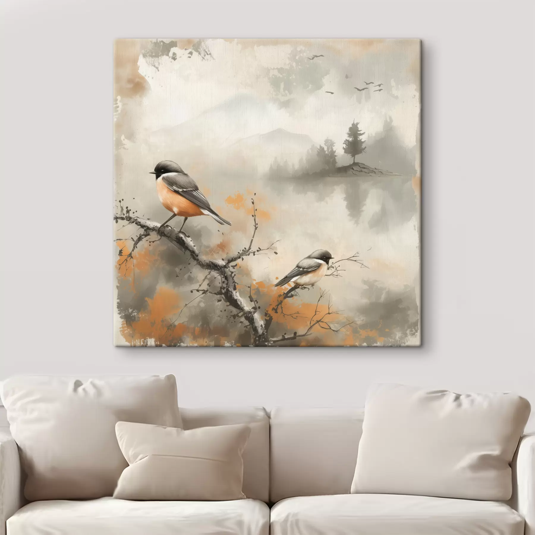 wall murals Watercolor landscape with birds sitting on a branch in pastel colors s40655