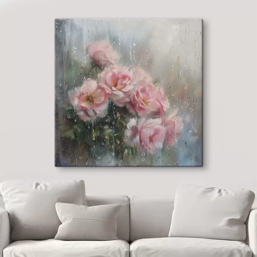 murales Un ramo de rosas rosas en la ventana cuando llueve s40656