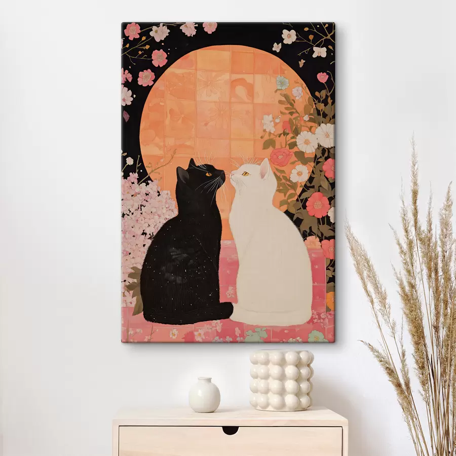 wall murals Black and white cat looking cute at each other at sunset s40669