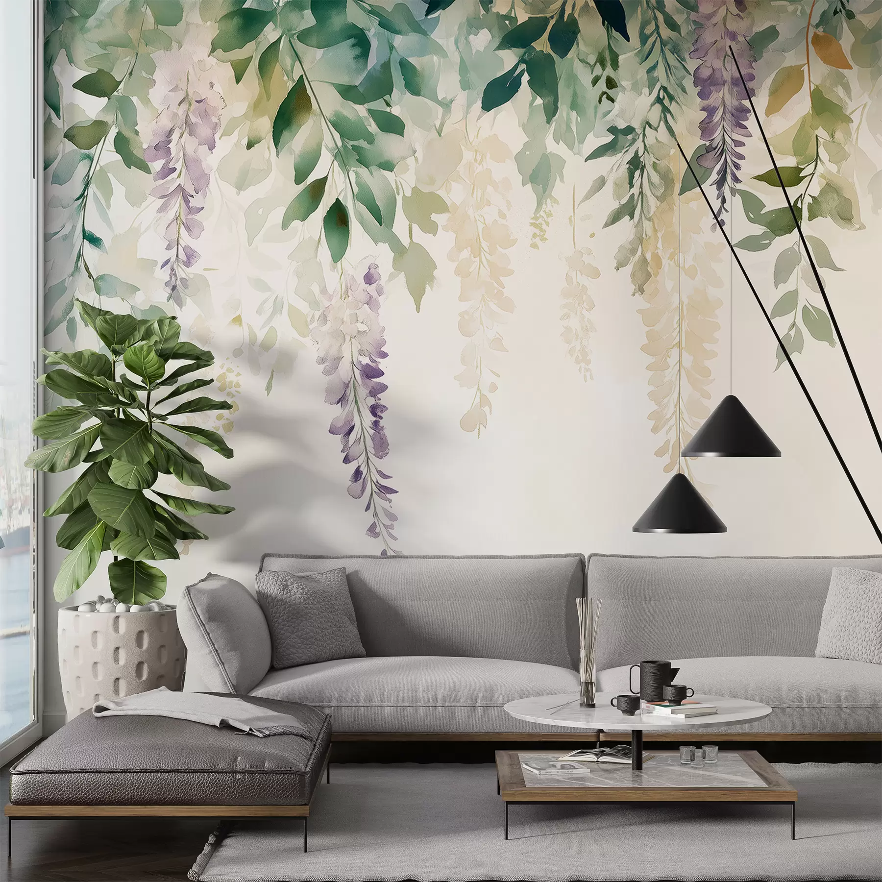 peintures murales Ornement de fleur de glycine, floral, aquarelle, couleurs naturelles w01545