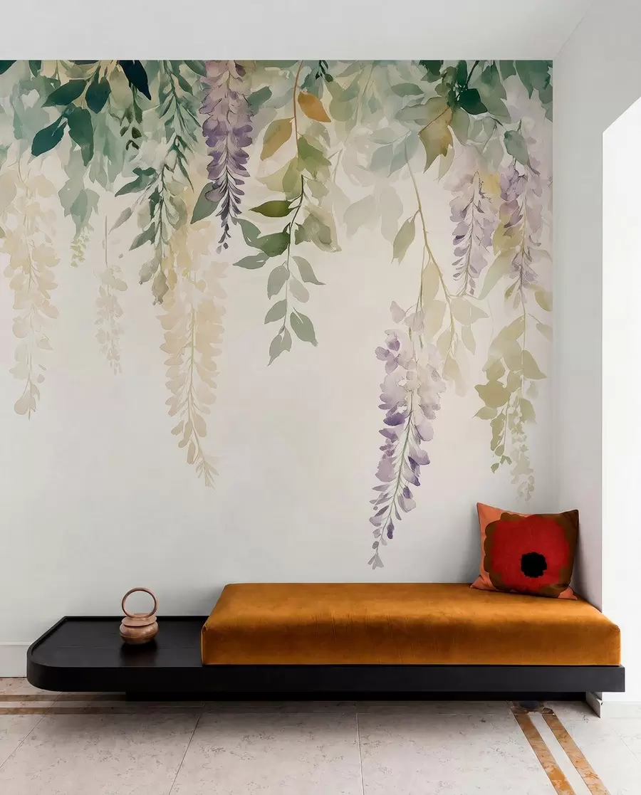 peintures murales Ornement de fleur de glycine, floral, aquarelle, couleurs naturelles w01545