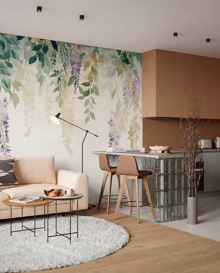 peintures murales Ornement de fleur de glycine, floral, aquarelle, couleurs naturelles w01545