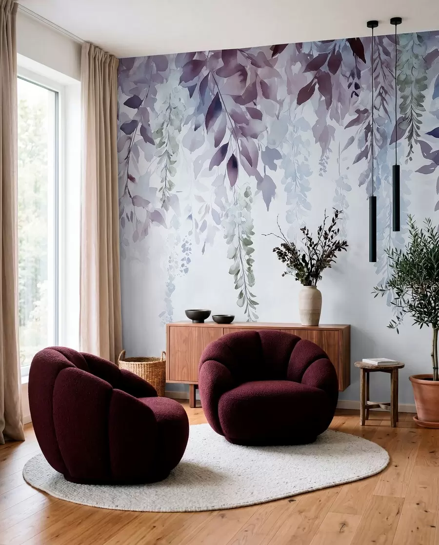 murales Adorno de flor de glicina, floral, acuarela, colores azul y morado w01545v1