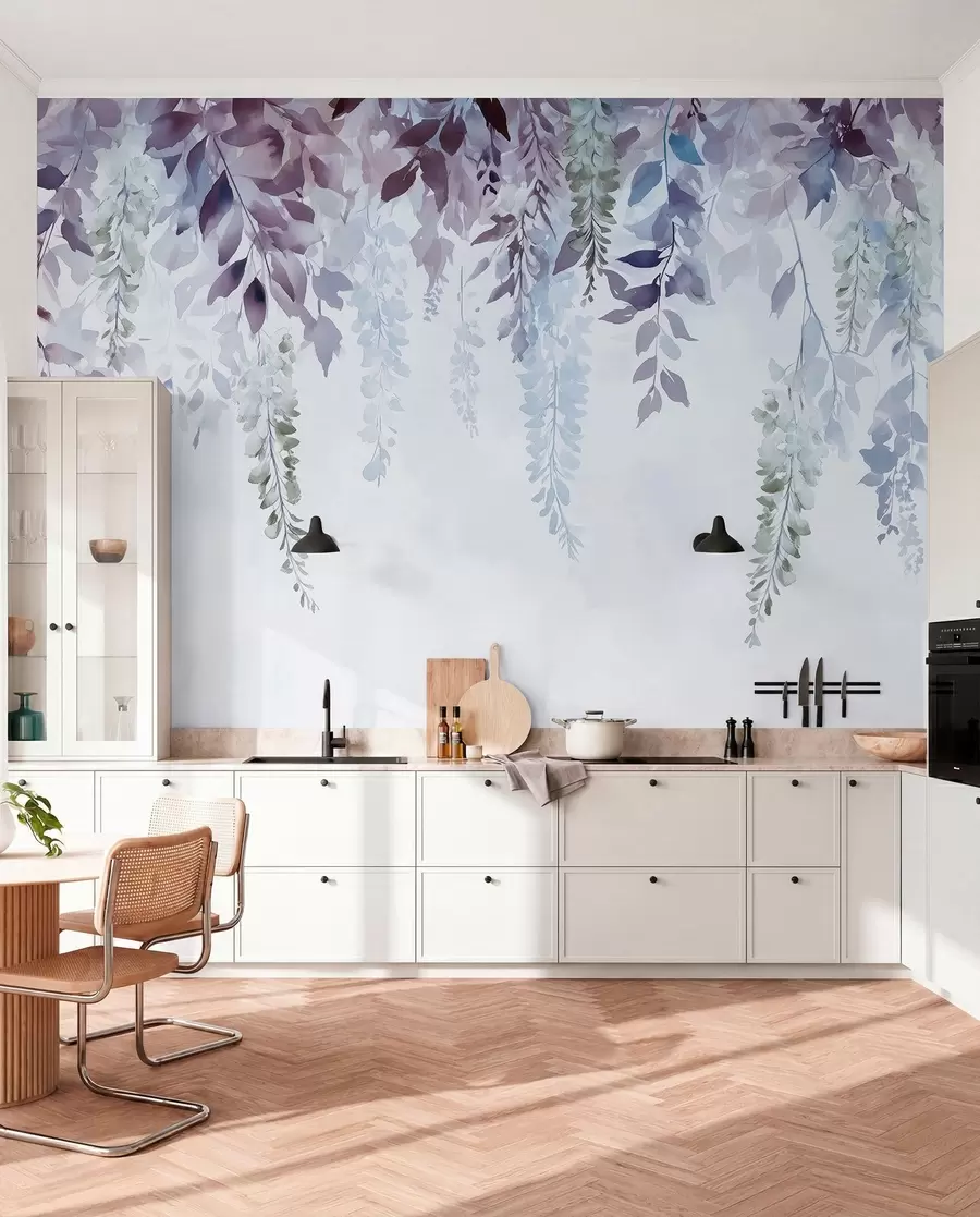 peintures murales Fleur de glycine, floral, aquarelle, couleurs bleu et violet w01545v1