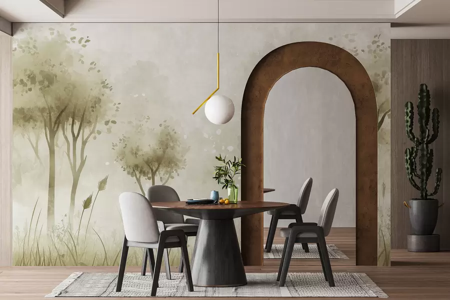 murales Bosque de acuarela con hierba y árboles, color verde w01546v1