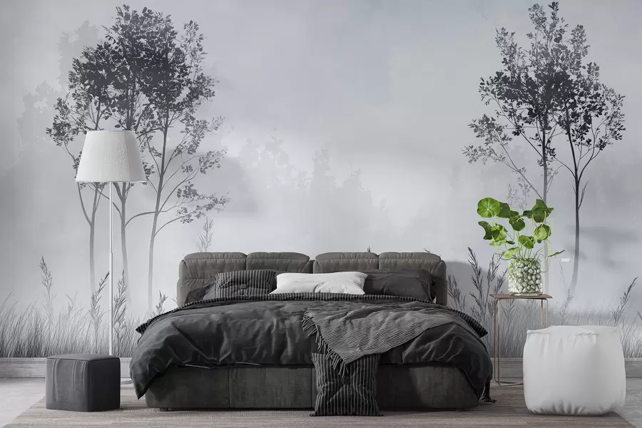 Wall Mural Photo Wallpaper Foggy forest, natural landscapes, meadow, trees, grey color w01547v1