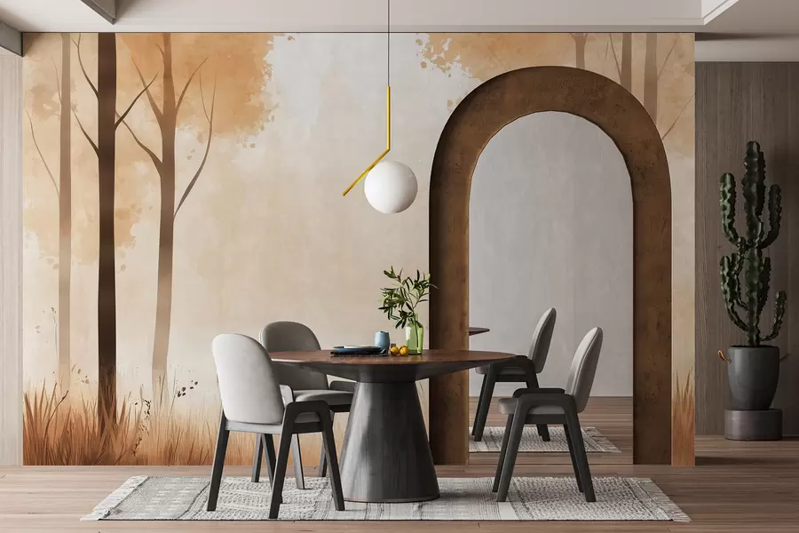 peintures murales Aquarelle forêt, brouillard, arbres, herbe, paysage naturel, couleur beige w01563