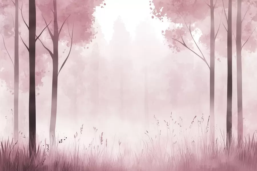 Wall Mural Photo Wallpaper Watercolor forest, fog, trees, grass, natural landscape, pink color w01563v1