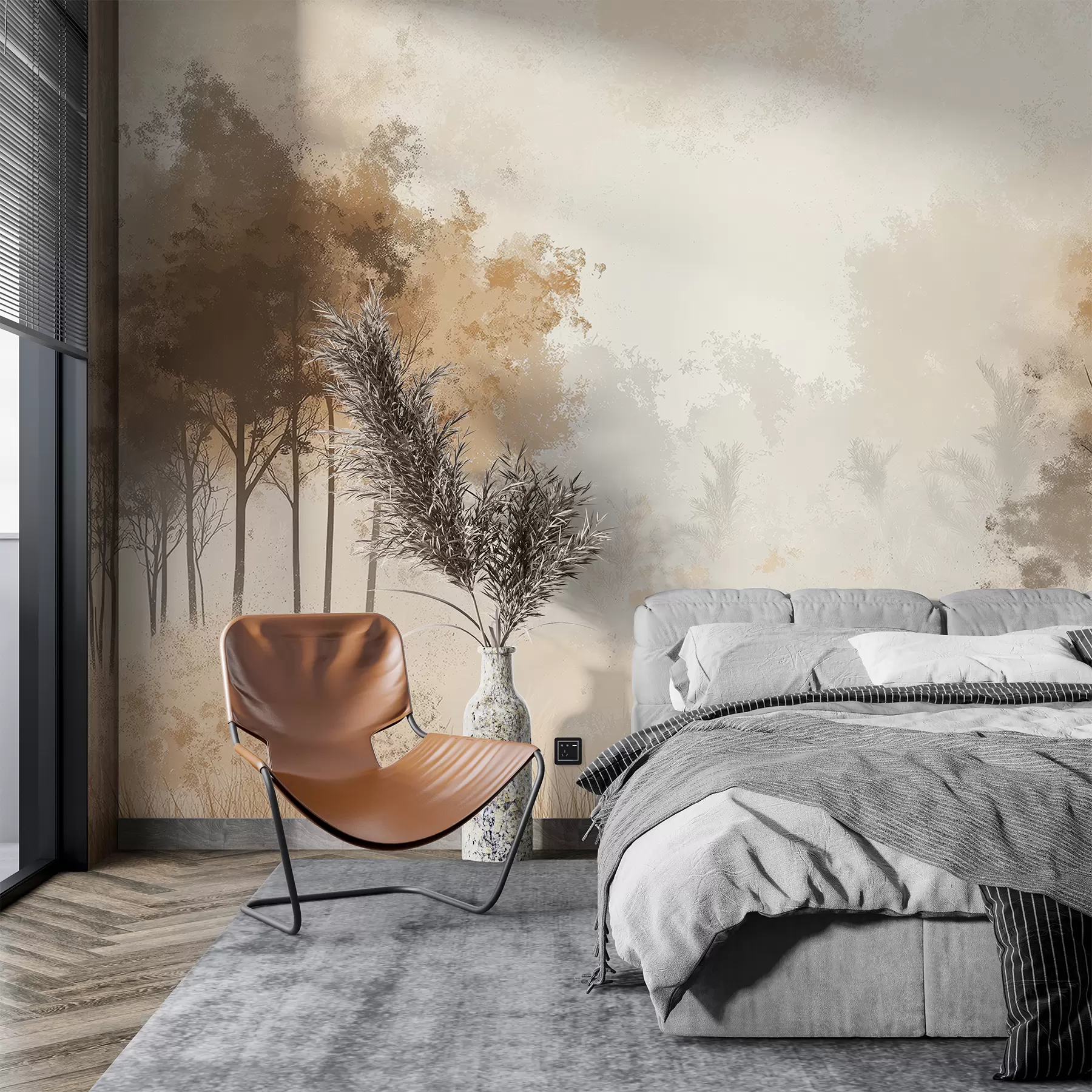 murales Paisajes de naturaleza, árboles en el bosque, textura grunge, colores beige w01564