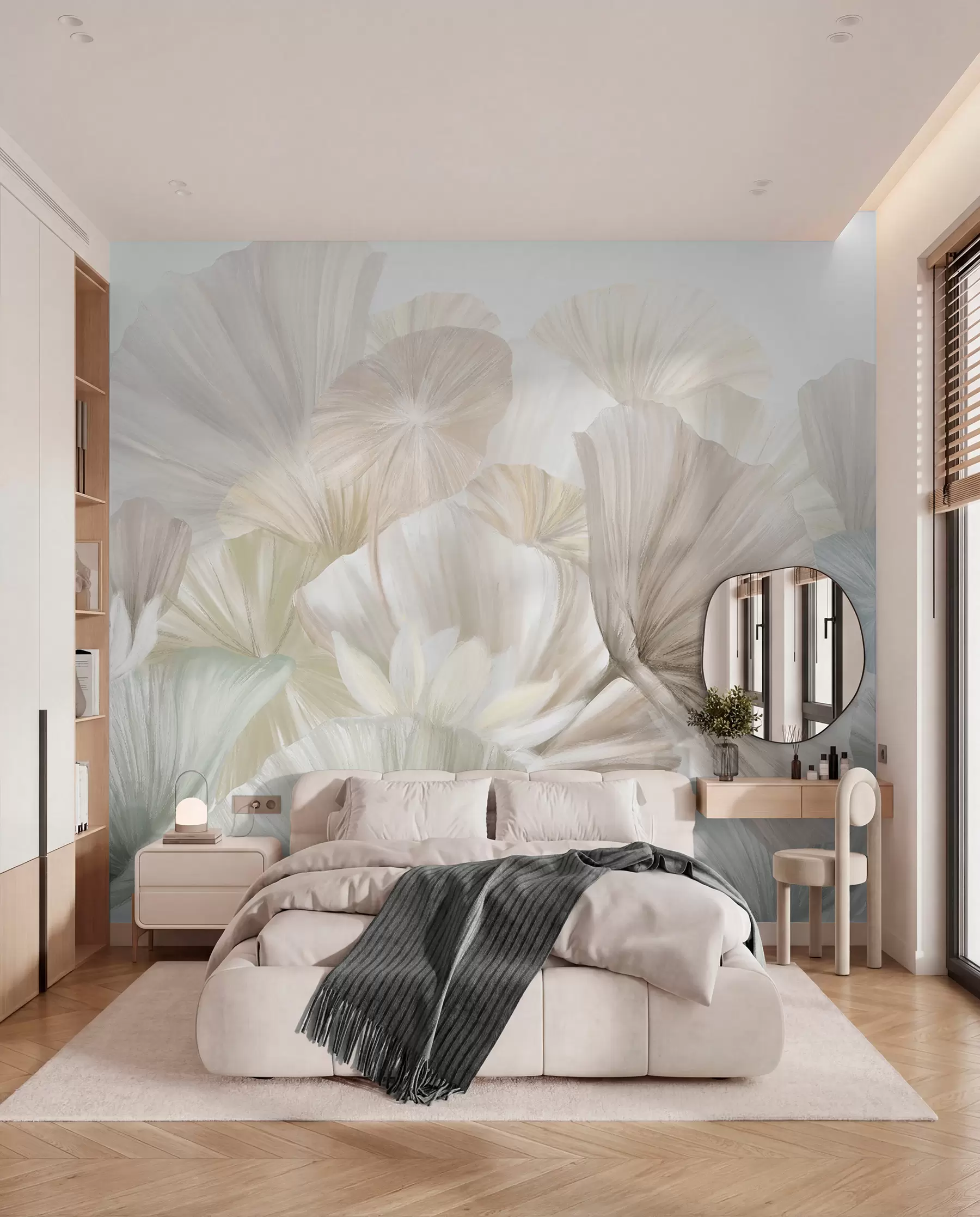 Wall Mural Photo Wallpaper Delicate green lotus leaves with white flowers with soft, feathery petals arranged in a natural art composition w08265