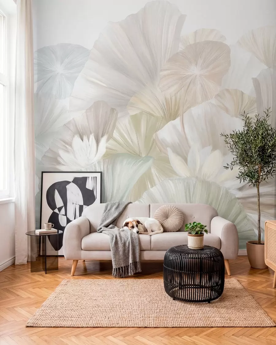 Wall Mural Photo Wallpaper Delicate green lotus leaves with white flowers with soft, feathery petals arranged in a natural art composition w08265