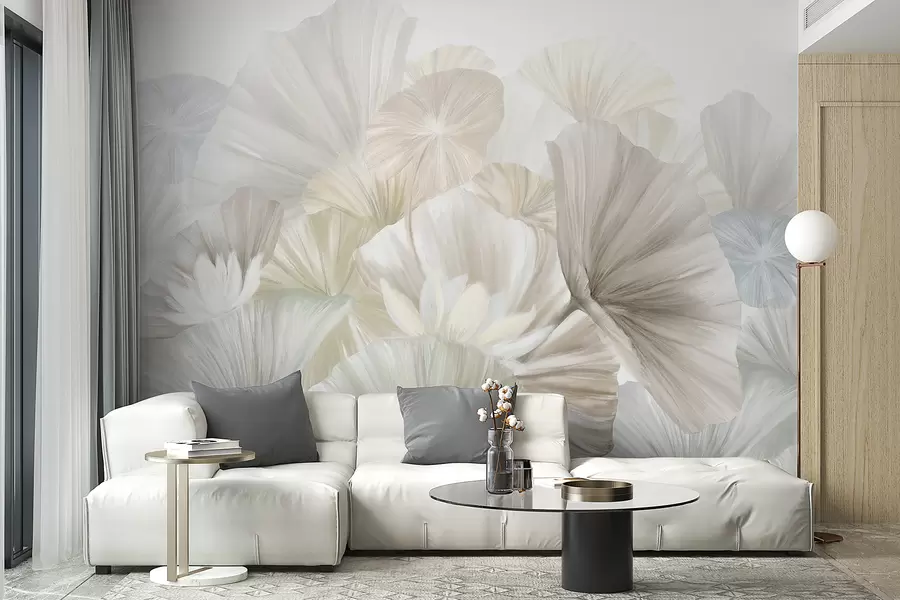 murales Delicadas hojas de loto verde con flores blancas de pétalos suaves y plumosos dispuestas en una composición artística natural w08265