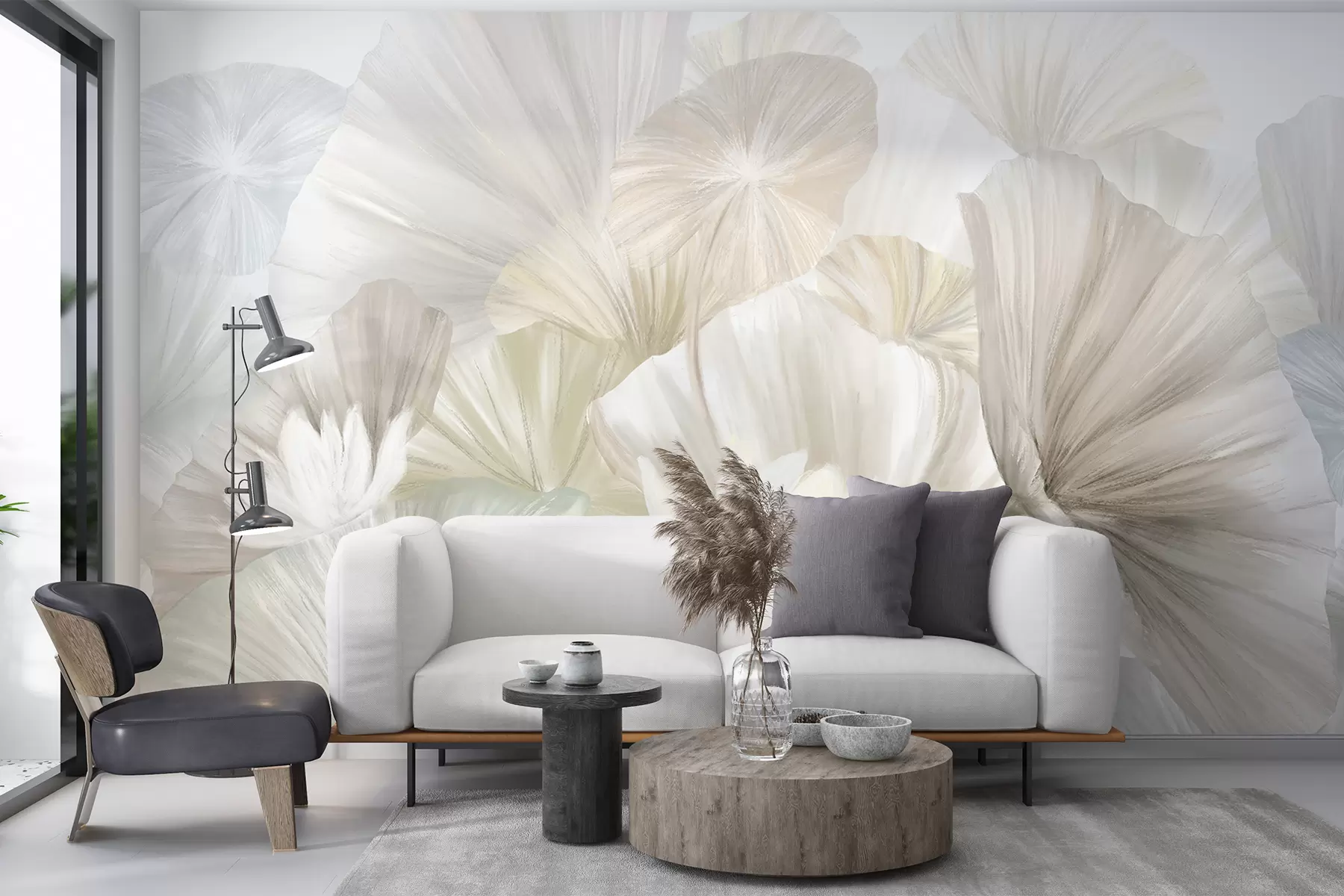 Wall Mural Photo Wallpaper Delicate green lotus leaves with white flowers with soft, feathery petals arranged in a natural art composition w08265