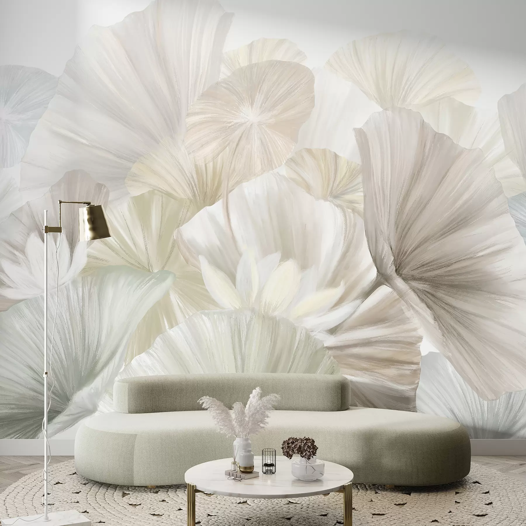 wall murals Delicate green lotus leaves with white flowers with soft, feathery petals arranged in a natural art composition w08265