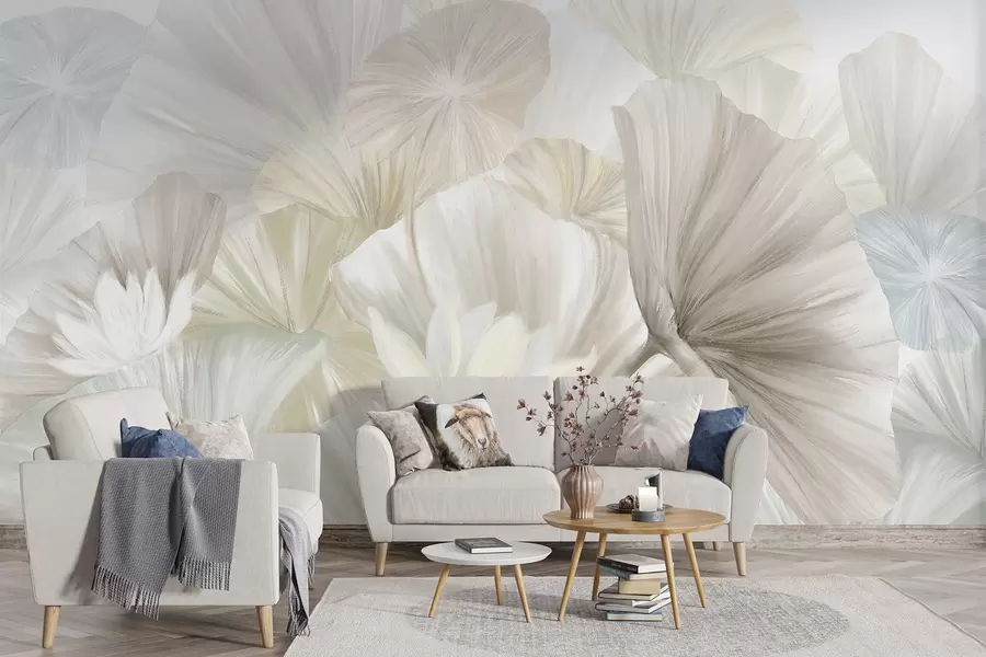 Wall Mural Photo Wallpaper Delicate green lotus leaves with white flowers with soft, feathery petals arranged in a natural art composition w08265