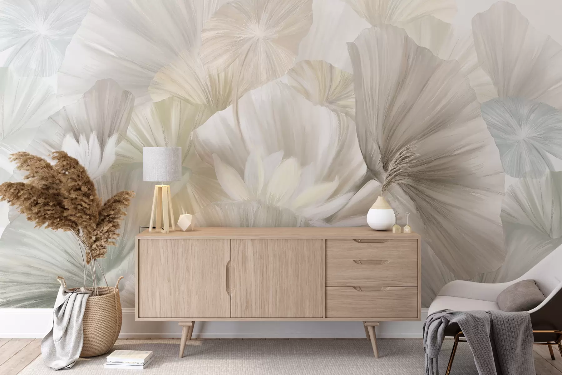 wall murals Delicate green lotus leaves with white flowers with soft, feathery petals arranged in a natural art composition w08265
