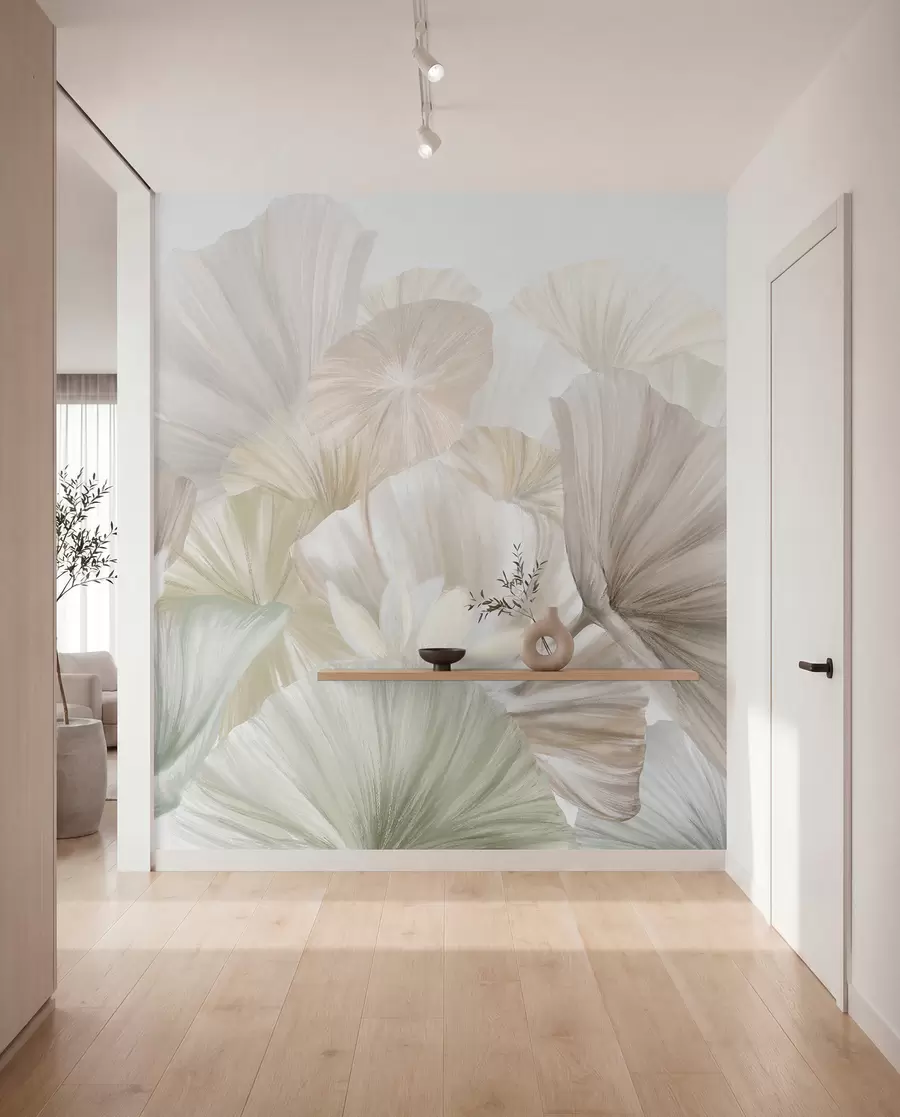 peintures murales Délicates feuilles de lotus vertes avec des fleurs blanches aux pétales doux et plumeux disposées dans une composition artistique naturelle w08265