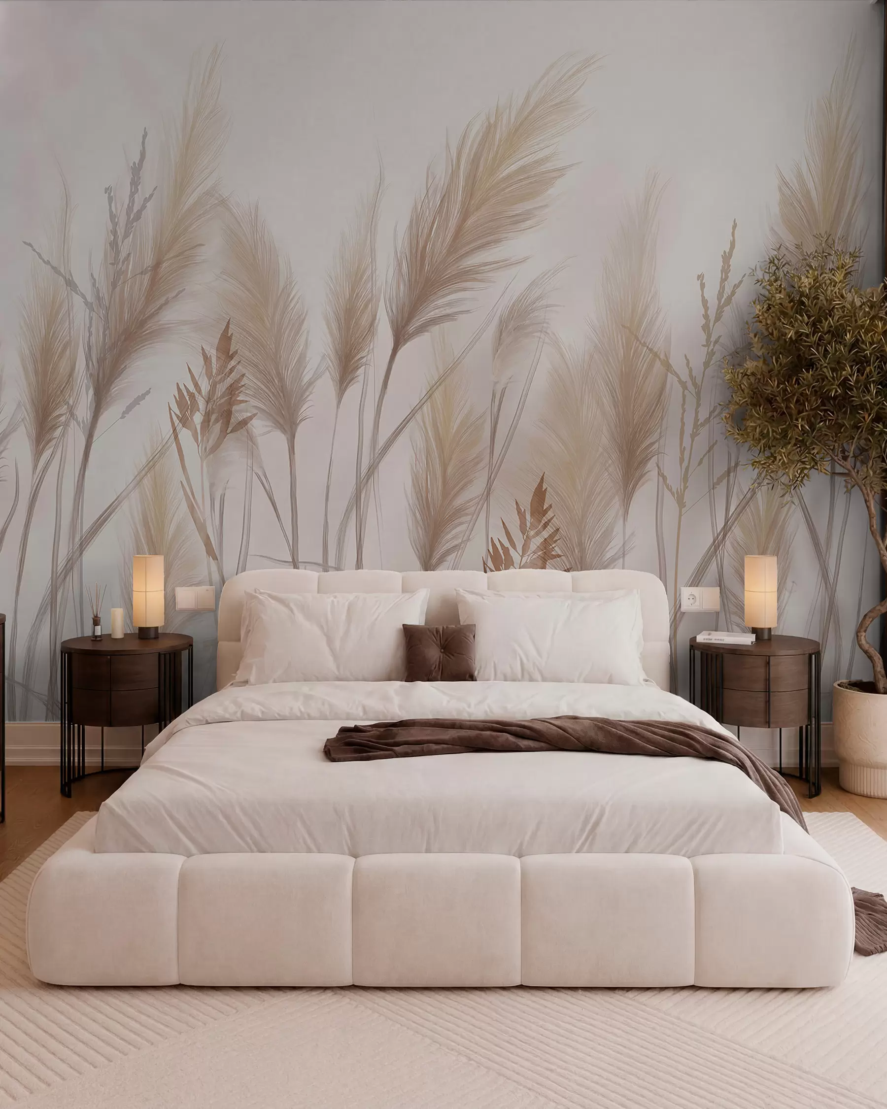 wall murals Tall beige grass blades spikelets swaying in the wind against a soft, light background w08268