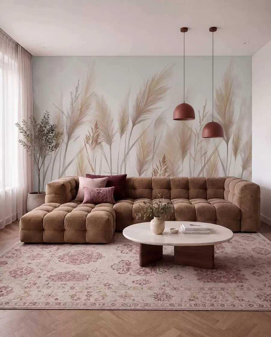 Wall Mural Photo Wallpaper Tall beige grass blades spikelets swaying in the wind against a soft, light background w08268