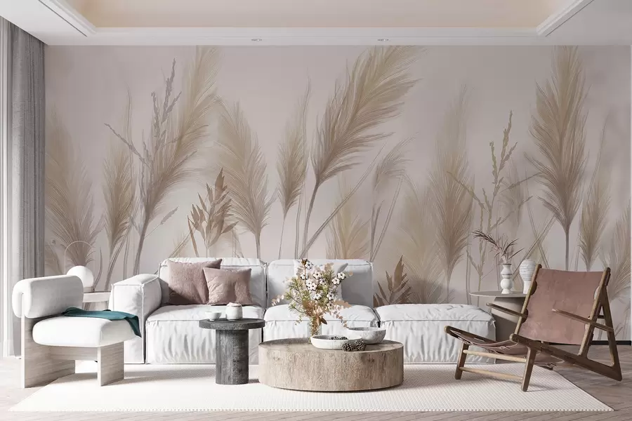 Wall Mural Photo Wallpaper Tall beige grass blades spikelets swaying in the wind against a soft, light background w08268