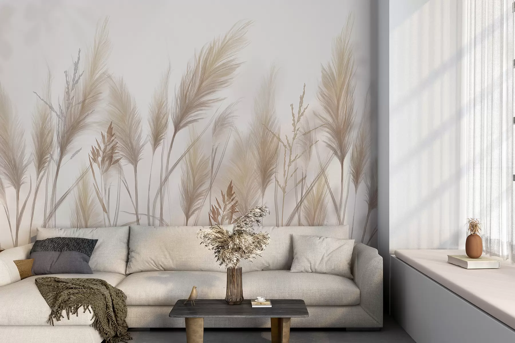 Wall Mural Photo Wallpaper Tall beige grass blades spikelets swaying in the wind against a soft, light background w08268
