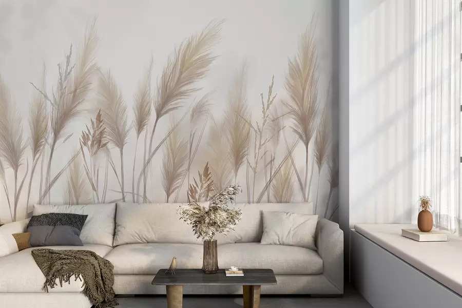 Wall Mural Photo Wallpaper Tall beige grass blades spikelets swaying in the wind against a soft, light background w08268