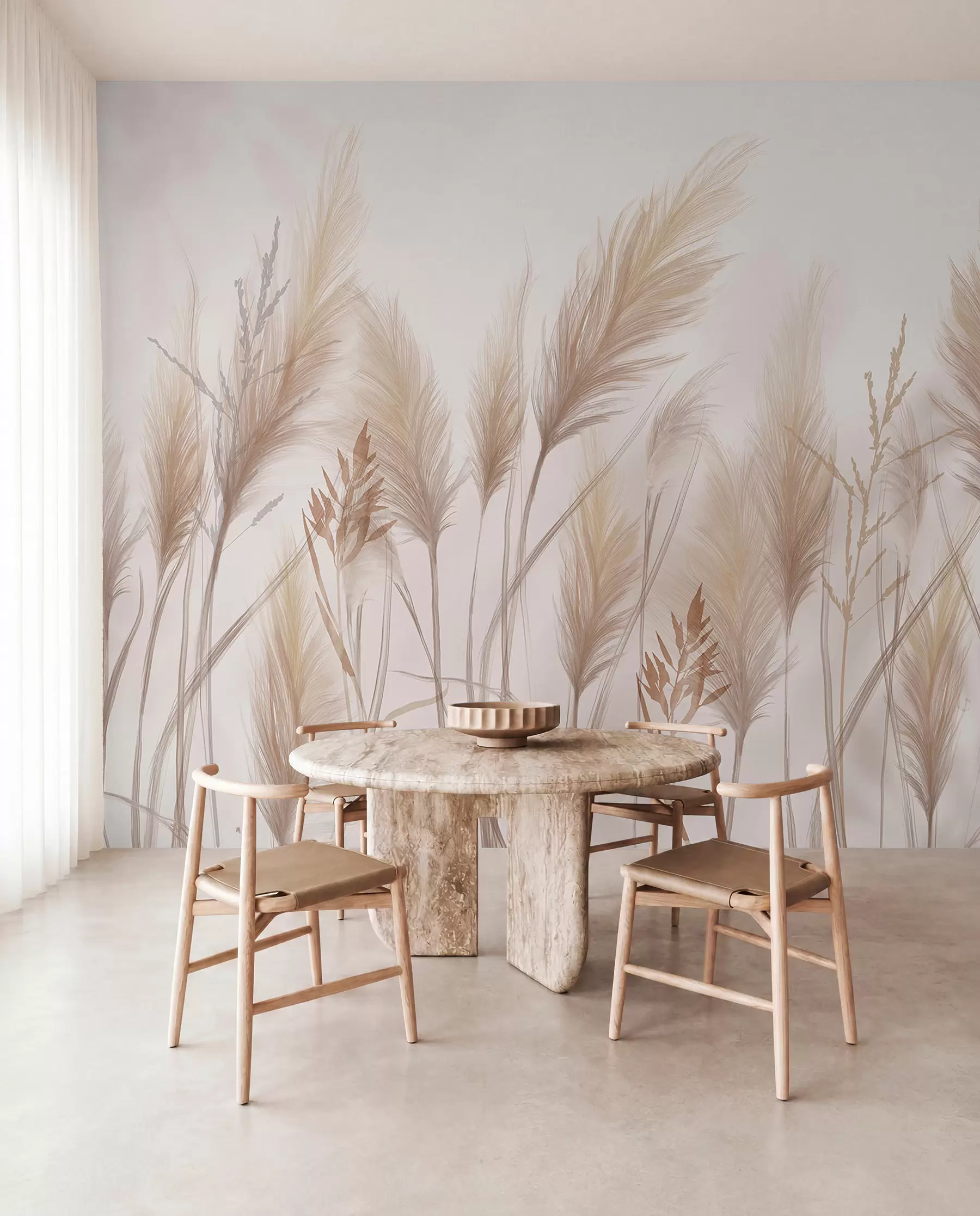 wall murals Tall beige grass blades spikelets swaying in the wind against a soft, light background w08268