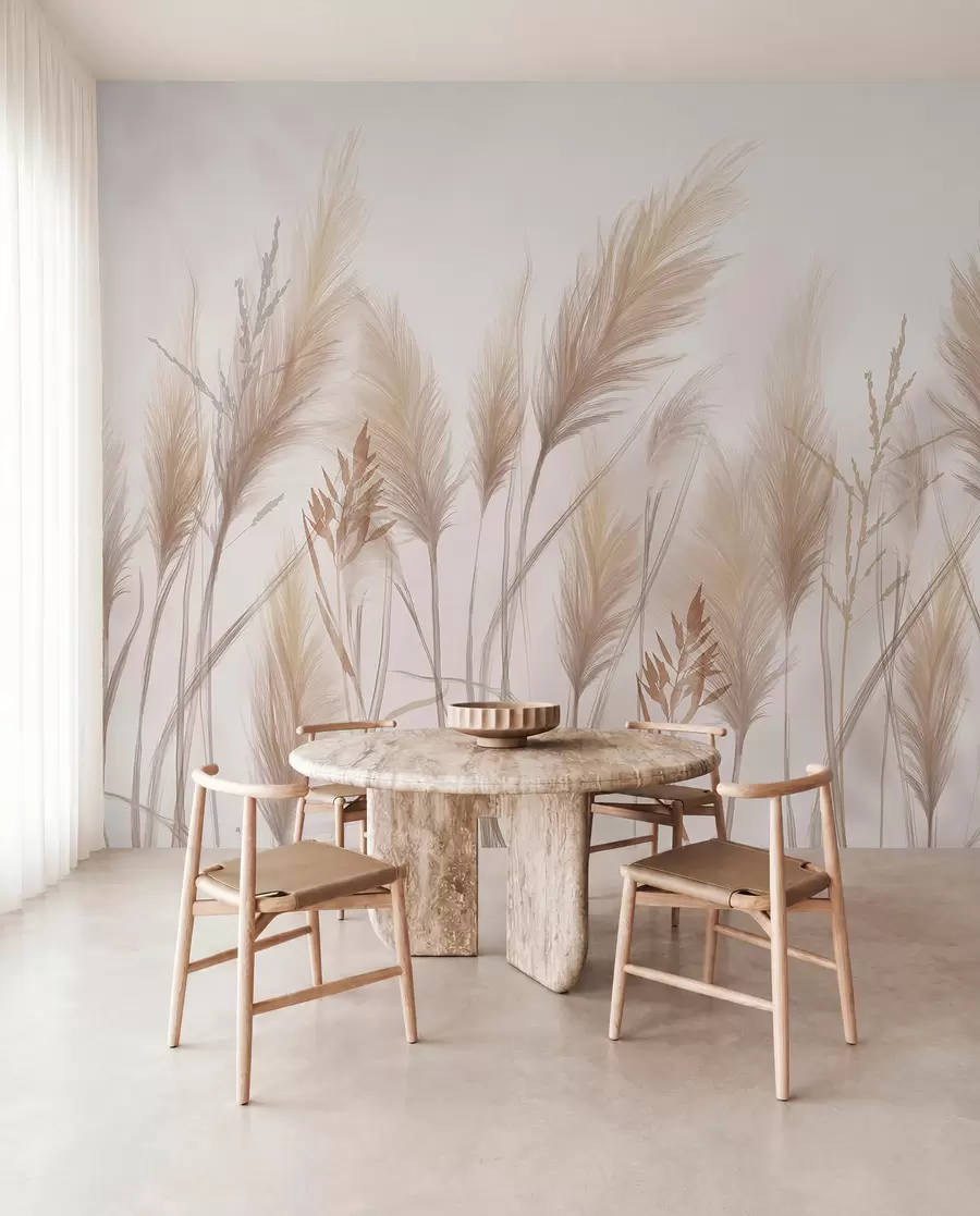 wall murals Tall beige grass blades spikelets swaying in the wind against a soft, light background w08268