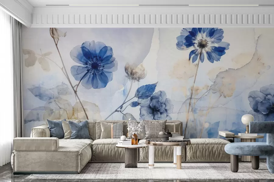 murales Azul y blanco acuarela flores transparentes en un campo, con suave, borrosa fondo abstracto w08270