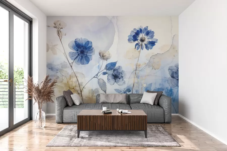 Wall Mural Photo Wallpaper Blue and white watercolor transparent flowers in a field, with soft, blurred abstract background w08270