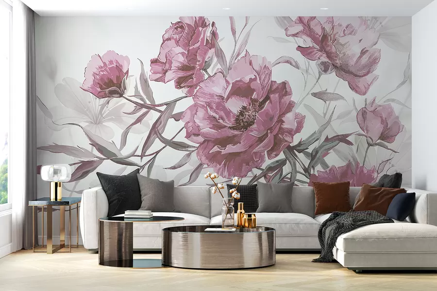 Wall Mural Photo Wallpaper Pink peonies painting with lush foliage against a light abstract background  w08274