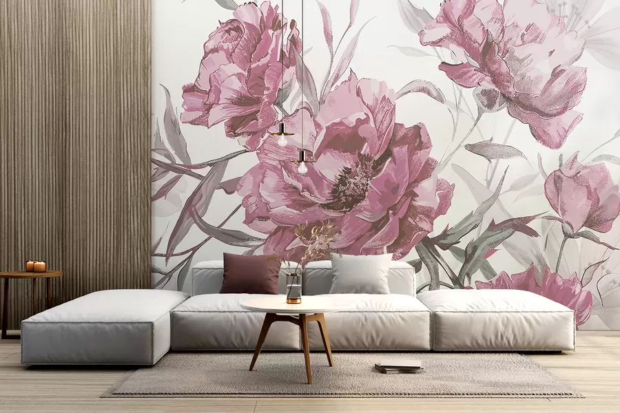 murales Pintura de peonías rosas con exuberante follaje sobre un fondo abstracto claro w08274