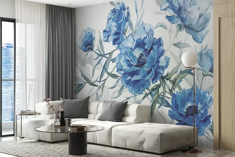 murales Pintura de peonías azules con exuberante follaje sobre un fondo abstracto claro w08274v1