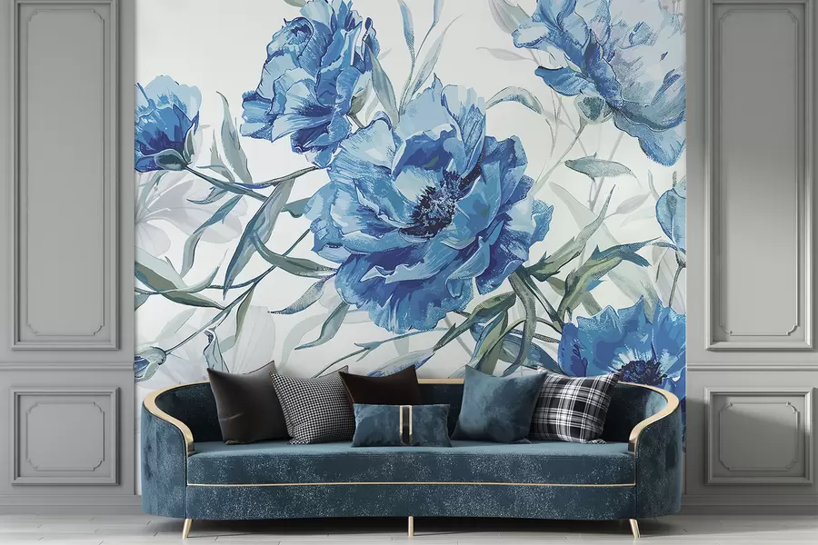 wall murals Blue peonies painting with lush foliage against a light abstract background w08274v1