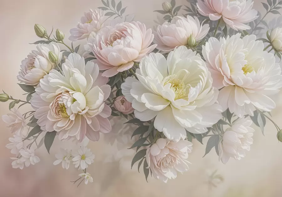 wall murals A bouquet of lush, pastel-colored peonies and other flowers against a soft, blurred background w08276