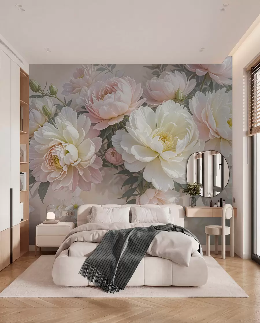 wall murals A bouquet of lush, pastel-colored peonies and other flowers against a soft, blurred background w08276