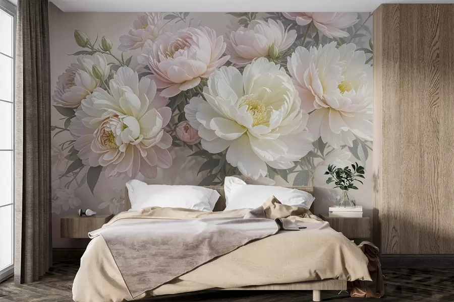Wall Mural Photo Wallpaper A bouquet of lush, pastel-colored peonies and other flowers against a soft, blurred background  w08276