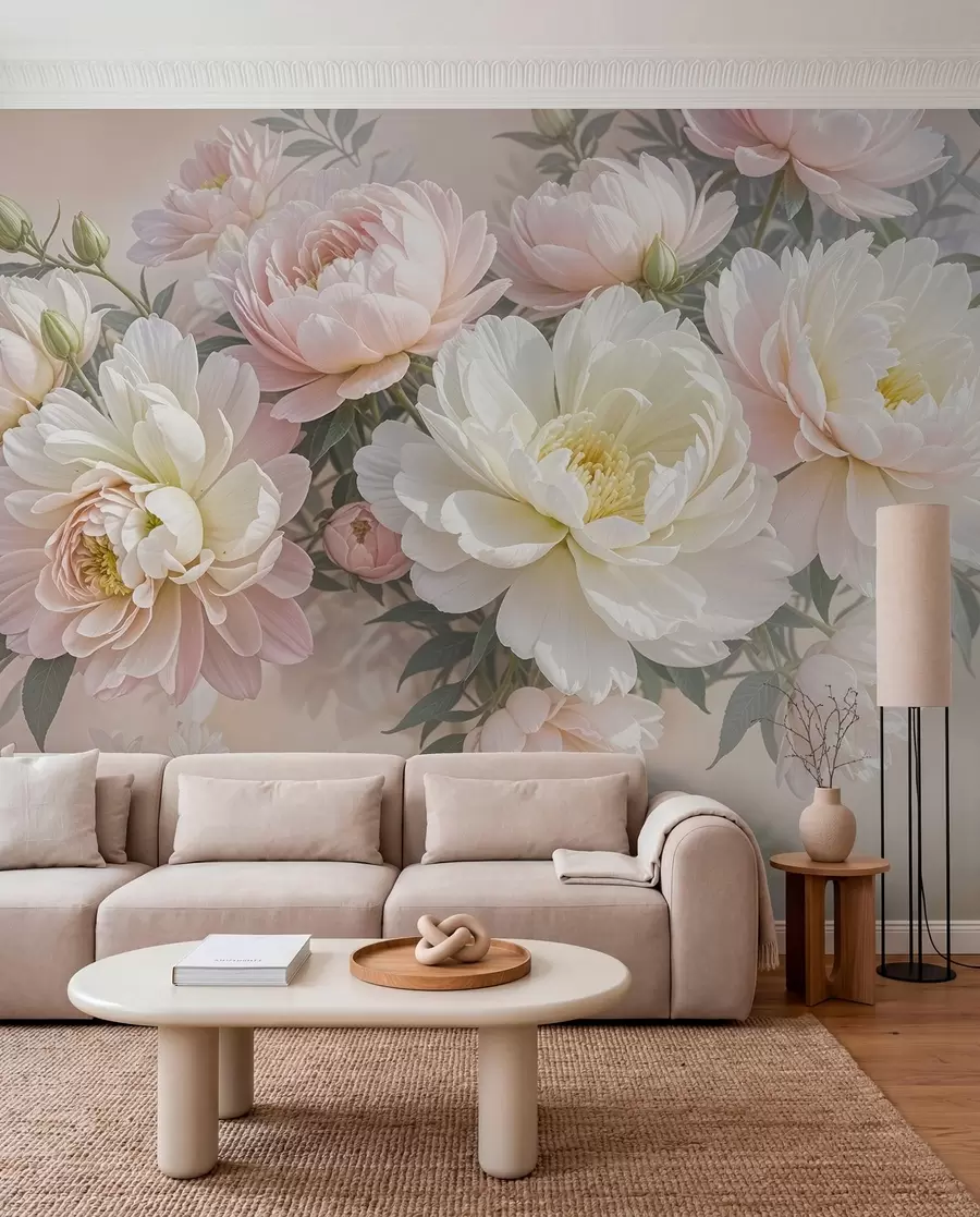 Wall Mural Photo Wallpaper A bouquet of lush, pastel-colored peonies and other flowers against a soft, blurred background  w08276