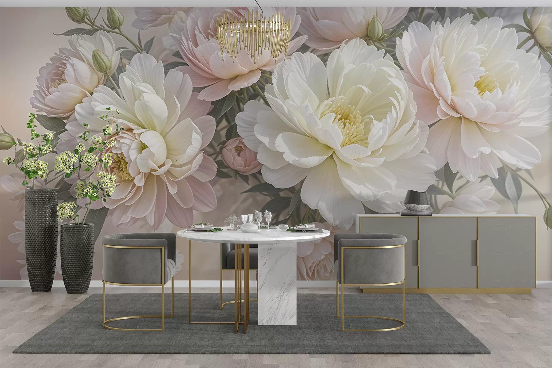 murales Un ramo de exuberantes peonías de colores pastel y otras flores sobre un fondo suave y difuminado w08276