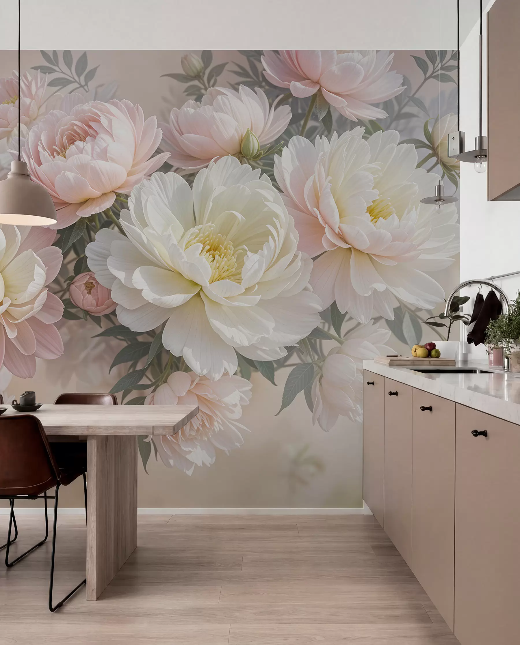 murales Un ramo de exuberantes peonías de colores pastel y otras flores sobre un fondo suave y difuminado w08276
