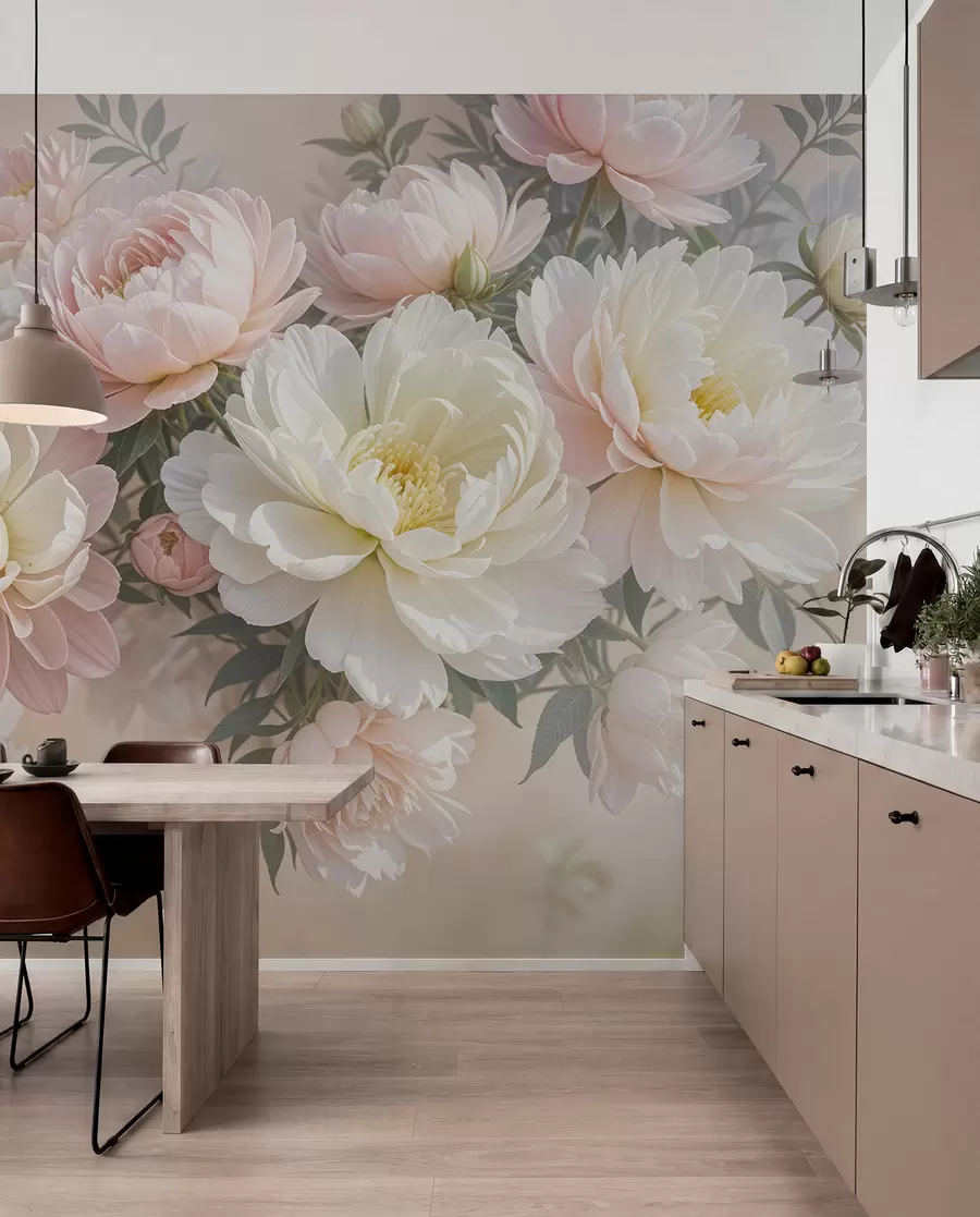 peintures murales Un bouquet de pivoines et d'autres fleurs luxuriantes aux couleurs pastel sur un fond doux et flou w08276