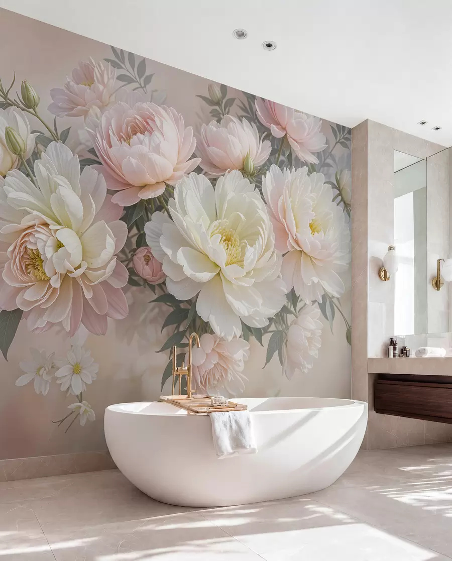 wall murals A bouquet of lush, pastel-colored peonies and other flowers against a soft, blurred background w08276