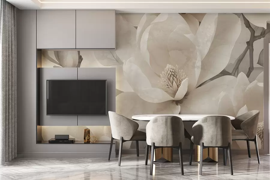 murales Flores blancas de magnolia en plena floración, con pétalos suaves y delicados y un fondo natural texturizado w08278