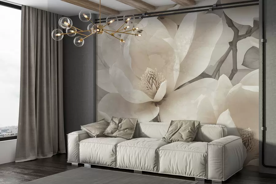 murales Flores blancas de magnolia en plena floración, con pétalos suaves y delicados y un fondo natural texturizado w08278