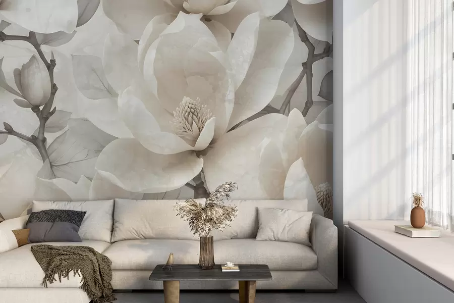 peintures murales Fleurs de magnolia blanc en pleine floraison, avec des pétales doux et délicats et un arrière-plan naturel texturé w08278