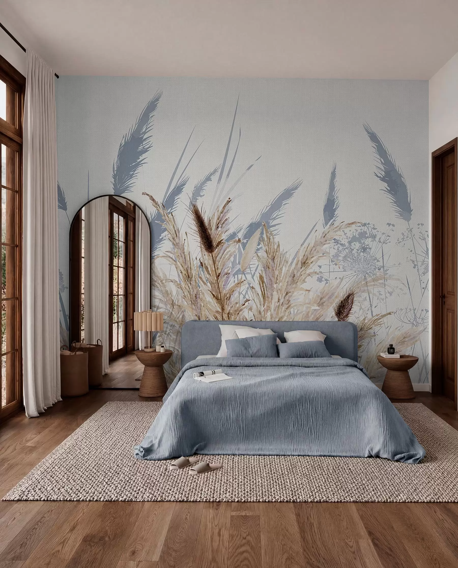 peintures murales Hautes tiges de blé et d'herbe avec des plumes blanches duveteuses sur un fond clair w08282